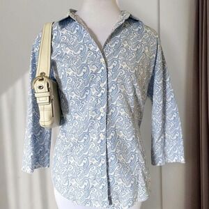 LL Bean Womens Blue White Paisley Wrinkle Resist Cotton 3/4 Sleeve Shirt Large
